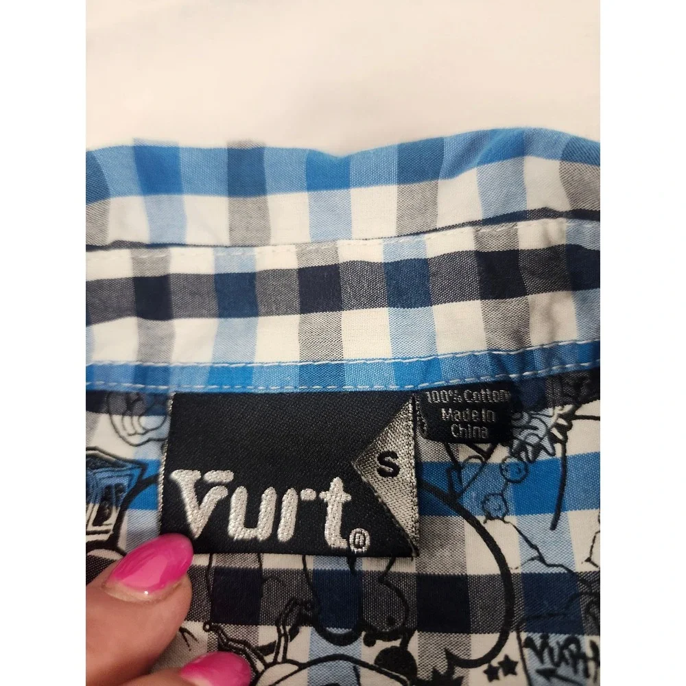 Vurt Boys Blue White Gingham Plaid Short Sleeve Button Down Shirt Size S Cotton